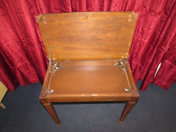 VINTAGE SOLID WOOD PIANO BENCH WITH REMOVABLE PADDED SEAT