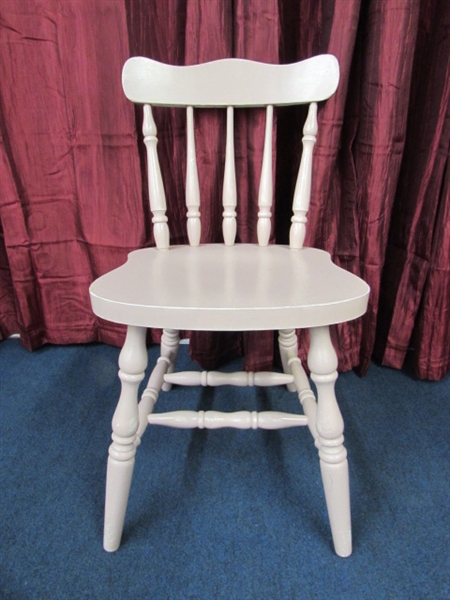 VERY CUTE SHABBY CHIC WOOD FRAMED PRINT WITH MATCHING SOLID WOOD CHAIR.