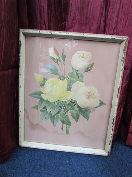 VERY CUTE SHABBY CHIC WOOD FRAMED PRINT WITH MATCHING SOLID WOOD CHAIR.