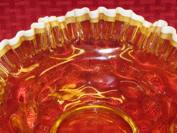 GORGEOUS AMBER SNOW CREST DOUBLE CRIMPED RUFFLED EDGE DEPRESSION GLASS BOWL & LACE EDGE DECORATIVE PLATE