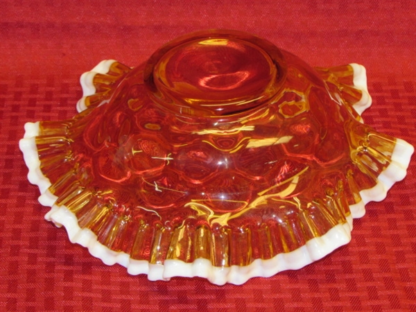 GORGEOUS AMBER SNOW CREST DOUBLE CRIMPED RUFFLED EDGE DEPRESSION GLASS BOWL & LACE EDGE DECORATIVE PLATE