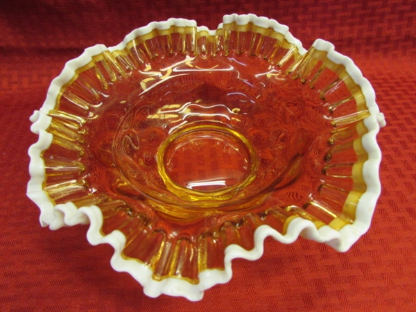 GORGEOUS AMBER SNOW CREST DOUBLE CRIMPED RUFFLED EDGE DEPRESSION GLASS BOWL & LACE EDGE DECORATIVE PLATE