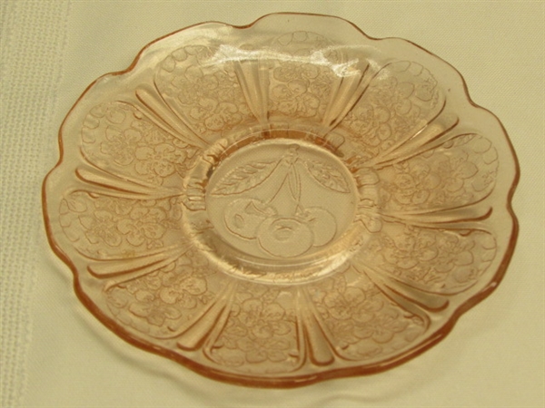 TIME FOR A TEA PARTY!  DELICATE JEANETTE DEPRESSION GLASS TEA CUP, SAUCER & SNACK PLATE IN PINK CHERRY BLOSSOM PATTERN