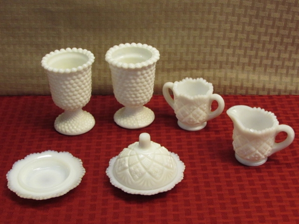 ADORABLE VINTAGE MILK GLASS- WESTMORELAND MINIATURE CREAMER, SUGAR BOWL & BUTTER DISH, TWO HOBNAIL EGG CUPS & MORE