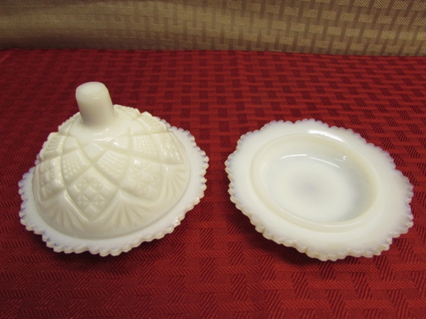 ADORABLE VINTAGE MILK GLASS- WESTMORELAND MINIATURE CREAMER, SUGAR BOWL & BUTTER DISH, TWO HOBNAIL EGG CUPS & MORE