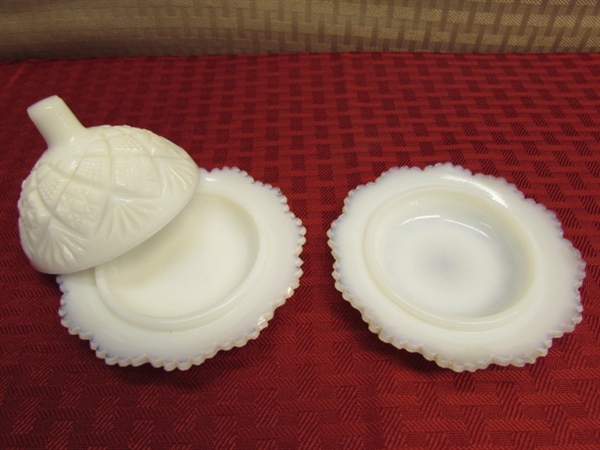 ADORABLE VINTAGE MILK GLASS- WESTMORELAND MINIATURE CREAMER, SUGAR BOWL & BUTTER DISH, TWO HOBNAIL EGG CUPS & MORE