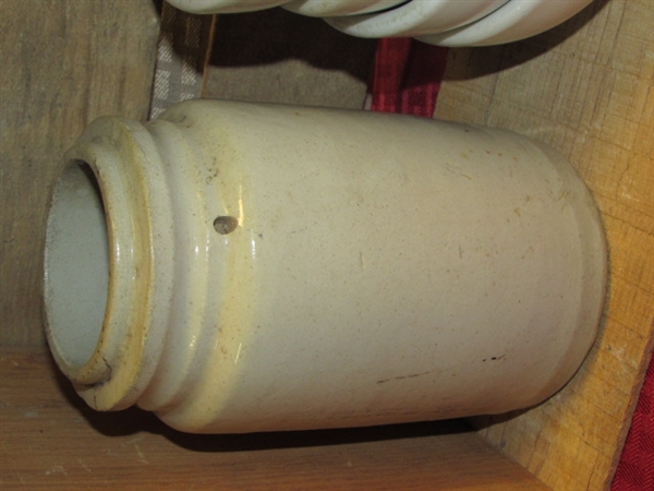 RUSTIC RANCH KITCHEN-RANCH WARE BOWLS & MUGS, CROCK, COFFEE TIN, WOODEN CRATE, PRESSED GLASS PITCHER & UTENSILS