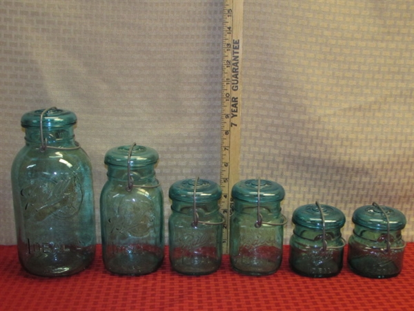 SEVEN WONDERFUL VINTAGE BALL IDEAL BICENTENNIAL SALUTE BLUE GLASS CANNING JAR CANISTERS & A BLUE BALL PERFECT CANNING JAR