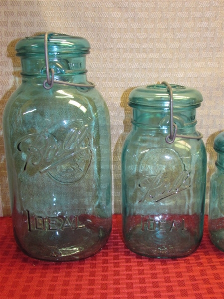 SEVEN WONDERFUL VINTAGE BALL IDEAL BICENTENNIAL SALUTE BLUE GLASS CANNING JAR CANISTERS & A BLUE BALL PERFECT CANNING JAR