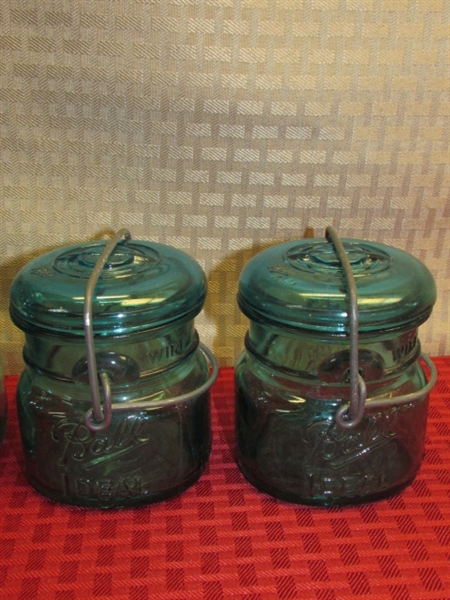 SEVEN WONDERFUL VINTAGE BALL IDEAL BICENTENNIAL SALUTE BLUE GLASS CANNING JAR CANISTERS & A BLUE BALL PERFECT CANNING JAR