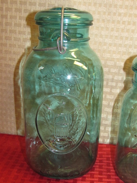 SEVEN WONDERFUL VINTAGE BALL IDEAL BICENTENNIAL SALUTE BLUE GLASS CANNING JAR CANISTERS & A BLUE BALL PERFECT CANNING JAR