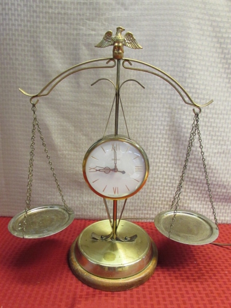 THE SCALES OF JUSTICE-BRASS MANTLE CLOCK WITH SCALES & MAJESTIC EAGLE FINIAL