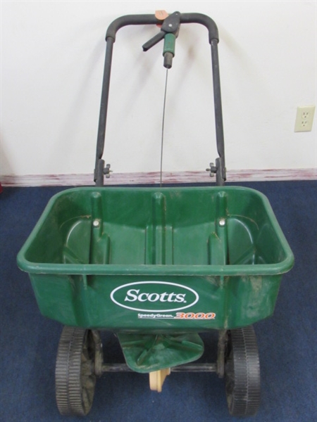 LAWN SEED/FERTILIZER SPREADERS, 100' OF HOSE, HAND TOOLS, WATER TIMER, SPRINKLERS & MORE