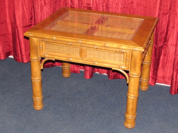 SOLID WOODSQUARE SIDE TABLE WITH CANE ACCENTS & GLASS INSERT TOP #2