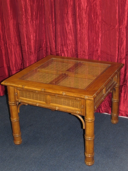 A LARGER SQUARE (28 x 28) SIDE TABLE WITH CANE ACCENTS & GLASS INSERT TOP 