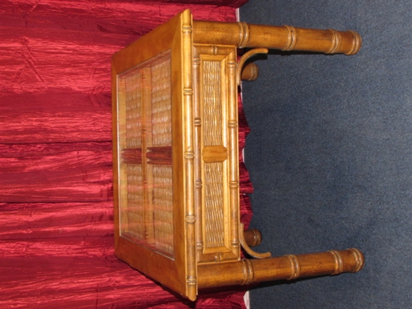 A LARGER SQUARE (28 x 28) SIDE TABLE WITH CANE ACCENTS & GLASS INSERT TOP 