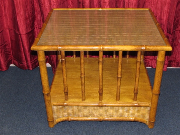 LOVELY TROPICAL LOOK  RECTANGULAR DOUBLE SHELF SIDE END TABLE WITH CARVED RAILS, CANE DETAILS & GLASS TOP