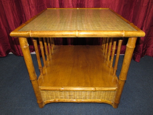 LOVELY TROPICAL LOOK  RECTANGULAR DOUBLE SHELF SIDE END TABLE WITH CARVED RAILS, CANE DETAILS & GLASS TOP