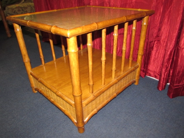 LOVELY TROPICAL LOOK  RECTANGULAR DOUBLE SHELF SIDE END TABLE WITH CARVED RAILS, CANE DETAILS & GLASS TOP