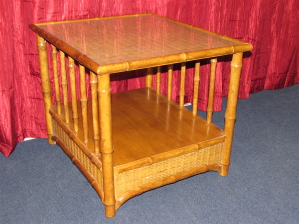 LOVELY TROPICAL LOOK  RECTANGULAR DOUBLE SHELF SIDE END TABLE WITH CARVED RAILS, CANE DETAILS & GLASS TOP