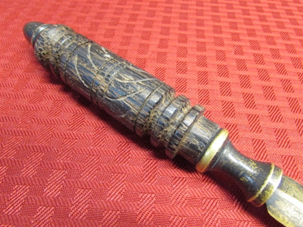 ANTIQUE BRASS LETTER OPENER WITH INTRICATELY CARVED HANDLE. . . .OR IS IT A LADIES DAGGER?!?!