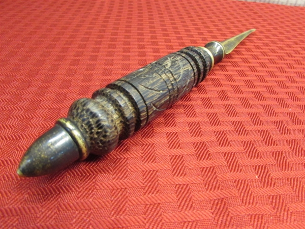 ANTIQUE BRASS LETTER OPENER WITH INTRICATELY CARVED HANDLE. . . .OR IS IT A LADIES DAGGER?!?!