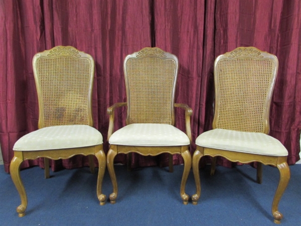 THREE CHAIRS - QUEEN ANNE STYLE LEGS, UPHOLSTERED SEATS AND CANE BACKS