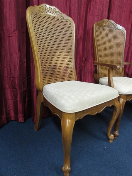 THREE CHAIRS - QUEEN ANNE STYLE LEGS, UPHOLSTERED SEATS AND CANE BACKS