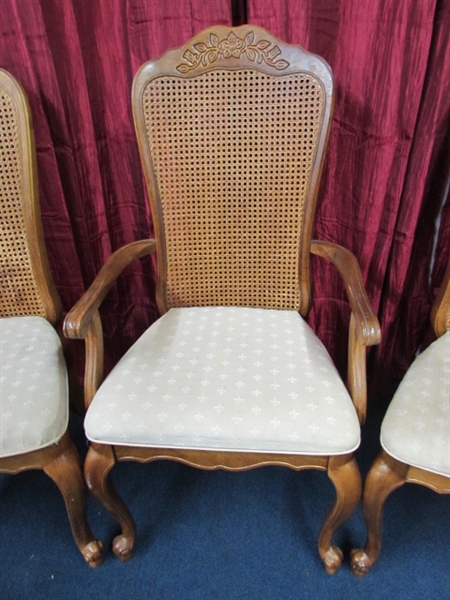 THREE CHAIRS - QUEEN ANNE STYLE LEGS, UPHOLSTERED SEATS AND CANE BACKS