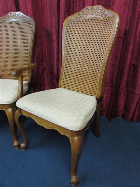 THREE CHAIRS - QUEEN ANNE STYLE LEGS, UPHOLSTERED SEATS AND CANE BACKS