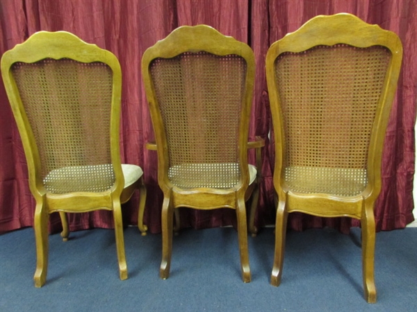 THREE CHAIRS - QUEEN ANNE STYLE LEGS, UPHOLSTERED SEATS AND CANE BACKS