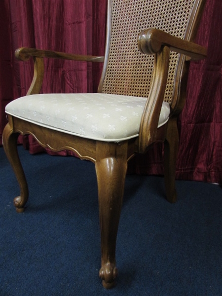 THREE CHAIRS - QUEEN ANNE STYLE LEGS, UPHOLSTERED SEATS AND CANE BACKS