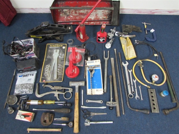 AUTOMOTIVE BONANZA!  BATTERY CHARGER, JACKS, WRENCHES AND A RED TOOL TRAY!