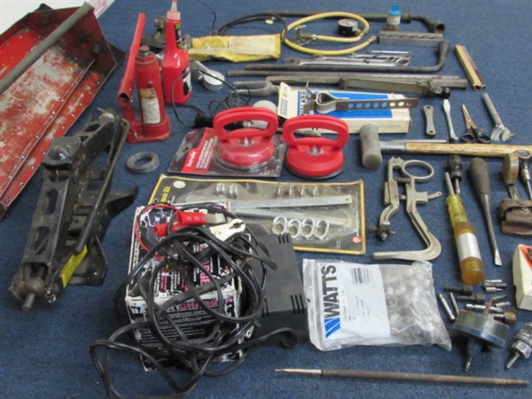 AUTOMOTIVE BONANZA!  BATTERY CHARGER, JACKS, WRENCHES AND A RED TOOL TRAY!