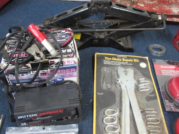 AUTOMOTIVE BONANZA!  BATTERY CHARGER, JACKS, WRENCHES AND A RED TOOL TRAY!