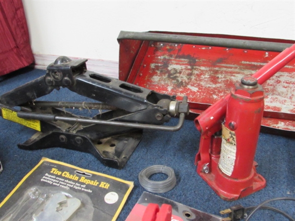 AUTOMOTIVE BONANZA!  BATTERY CHARGER, JACKS, WRENCHES AND A RED TOOL TRAY!