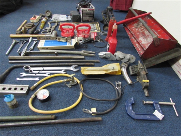 AUTOMOTIVE BONANZA!  BATTERY CHARGER, JACKS, WRENCHES AND A RED TOOL TRAY!