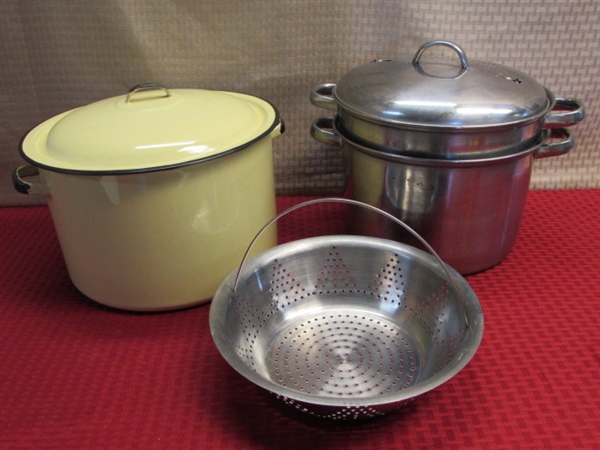 RARE BUTTER YELLOW PORCELAIN ENAMEL STOCK POT, SS DOUBLE BOILER WITH STEAMER BASKET