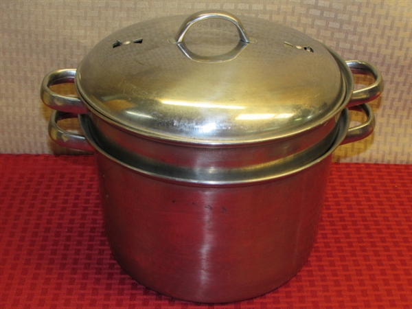 RARE BUTTER YELLOW PORCELAIN ENAMEL STOCK POT, SS DOUBLE BOILER WITH STEAMER BASKET