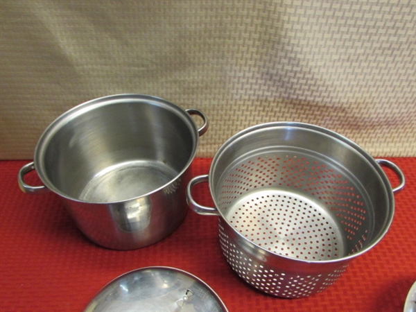 RARE BUTTER YELLOW PORCELAIN ENAMEL STOCK POT, SS DOUBLE BOILER WITH STEAMER BASKET