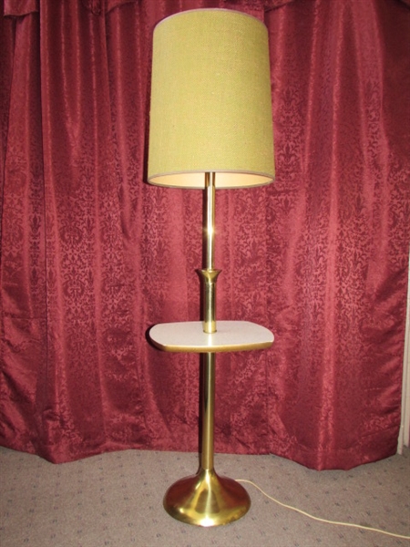GROOVY RETRO FLOOR LAMP WITH BUILT IN TABLE, BRASS BASE