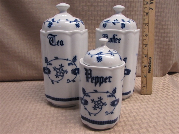 LOVELY VINTAGE 3 PIECE PORCELAIN CANISTER SET MADE IN ROMANIA & IONA CHINA BLUE BIRD PLATTER 