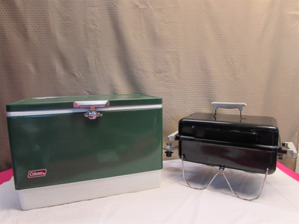 CLASSIC GREEN COLEMAN METAL COOLER & WEBER PORTABLE GAS GRILL-NICE!