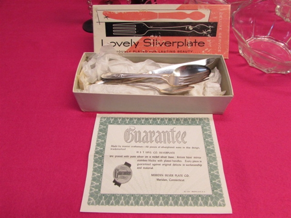 THE FINER THINGS-6 PLACE SETTINGS OF VINTAGE NEW SILVER PLATE FLATWARE PLUS EXTRAS, GORGEOUS STEMWARE & 6 GLASS BOWLS