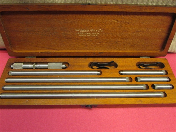 COOL VINTAGE LUFKIN RULE CO. INSIDE MICROMETER SET IN WOOD BOX