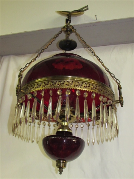 STUNNING ANTIQUE HANGING RUBY GLASS LIBRARY LAMP WITH GLASS  PRISMS!  GORGEOUS!