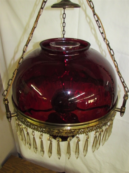 STUNNING ANTIQUE HANGING RUBY GLASS LIBRARY LAMP WITH GLASS  PRISMS!  GORGEOUS!