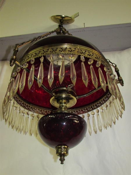 STUNNING ANTIQUE HANGING RUBY GLASS LIBRARY LAMP WITH GLASS  PRISMS!  GORGEOUS!