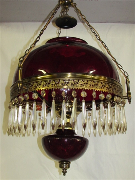 STUNNING ANTIQUE HANGING RUBY GLASS LIBRARY LAMP WITH GLASS  PRISMS!  GORGEOUS!