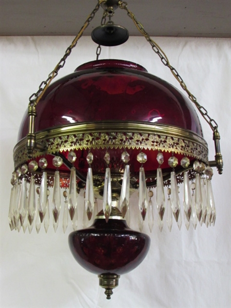 STUNNING ANTIQUE HANGING RUBY GLASS LIBRARY LAMP WITH GLASS  PRISMS!  GORGEOUS!